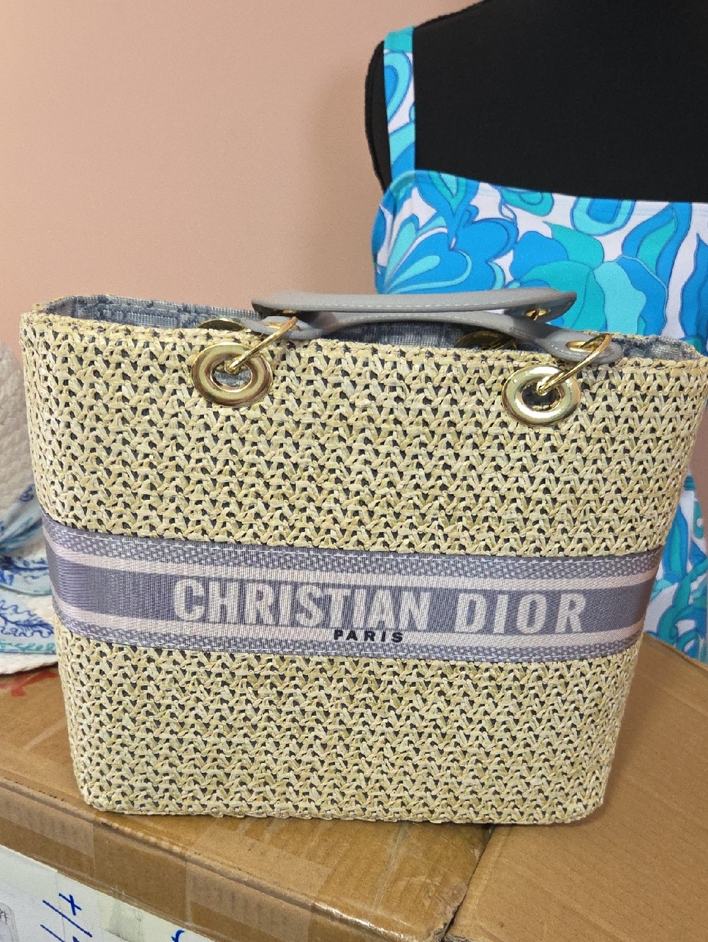 GWP Dior Beige Woven Tote with Gray Trim & Gold Charm - Picture 4 of 4